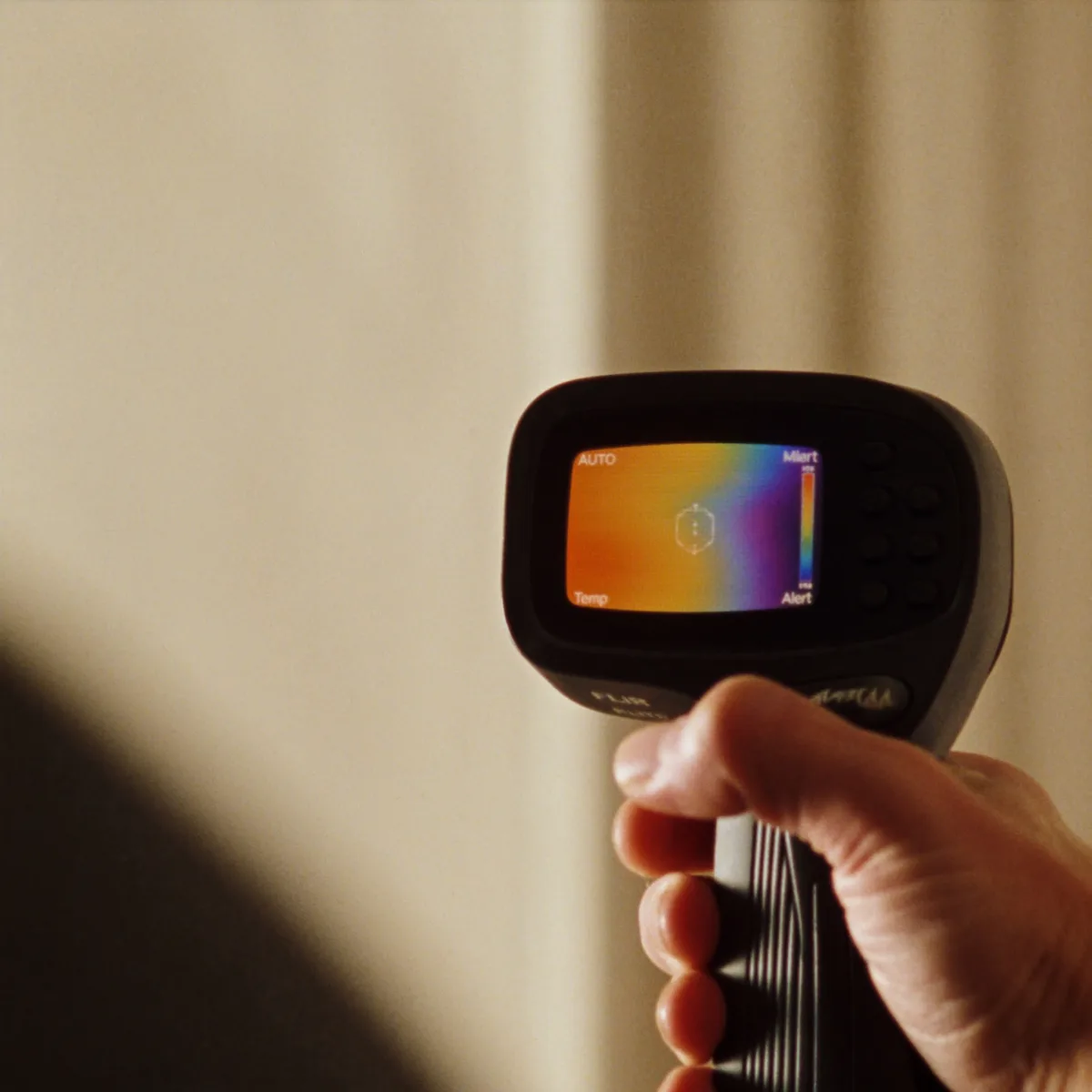 Hand holding a FLIR thermal camera showing a heat-map gradient