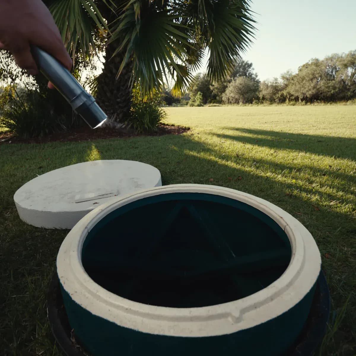Open septic tank riser with flashlight beam, rural Florida property