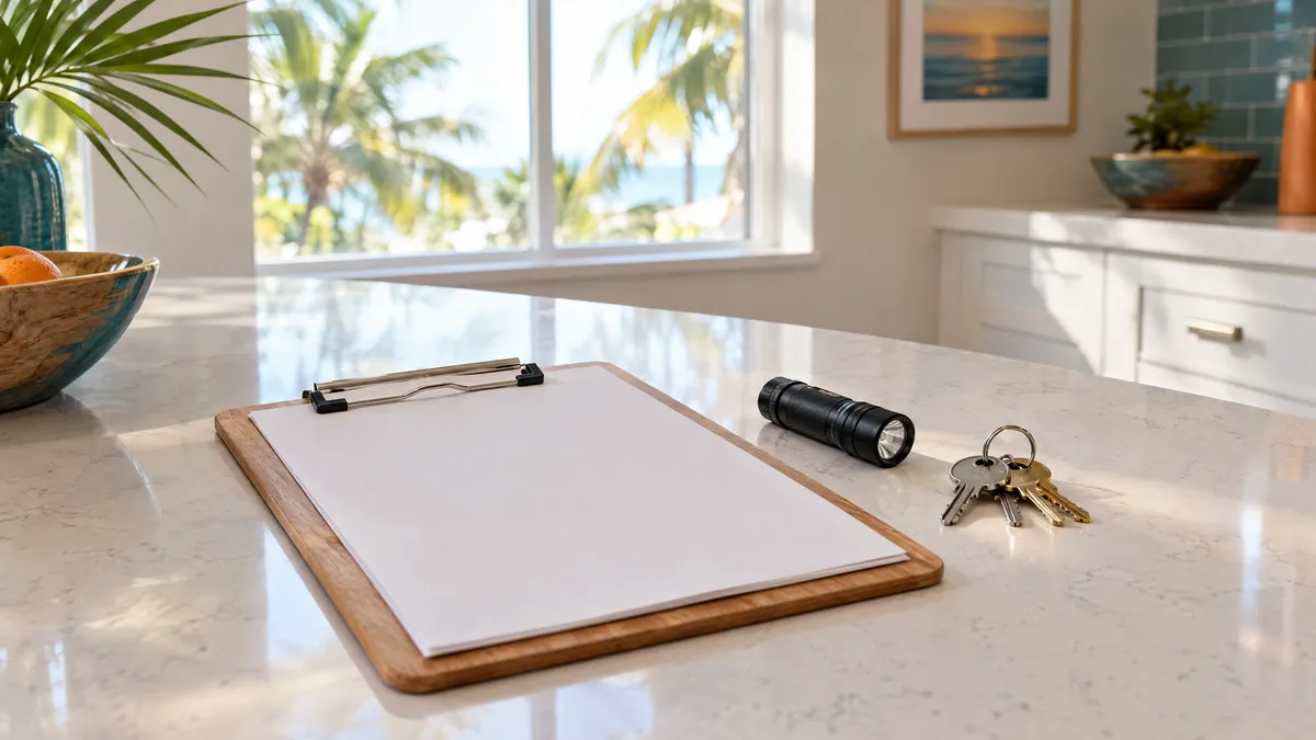 Clipboard, flashlight and house keys on a kitchen counter in a bright Florida home