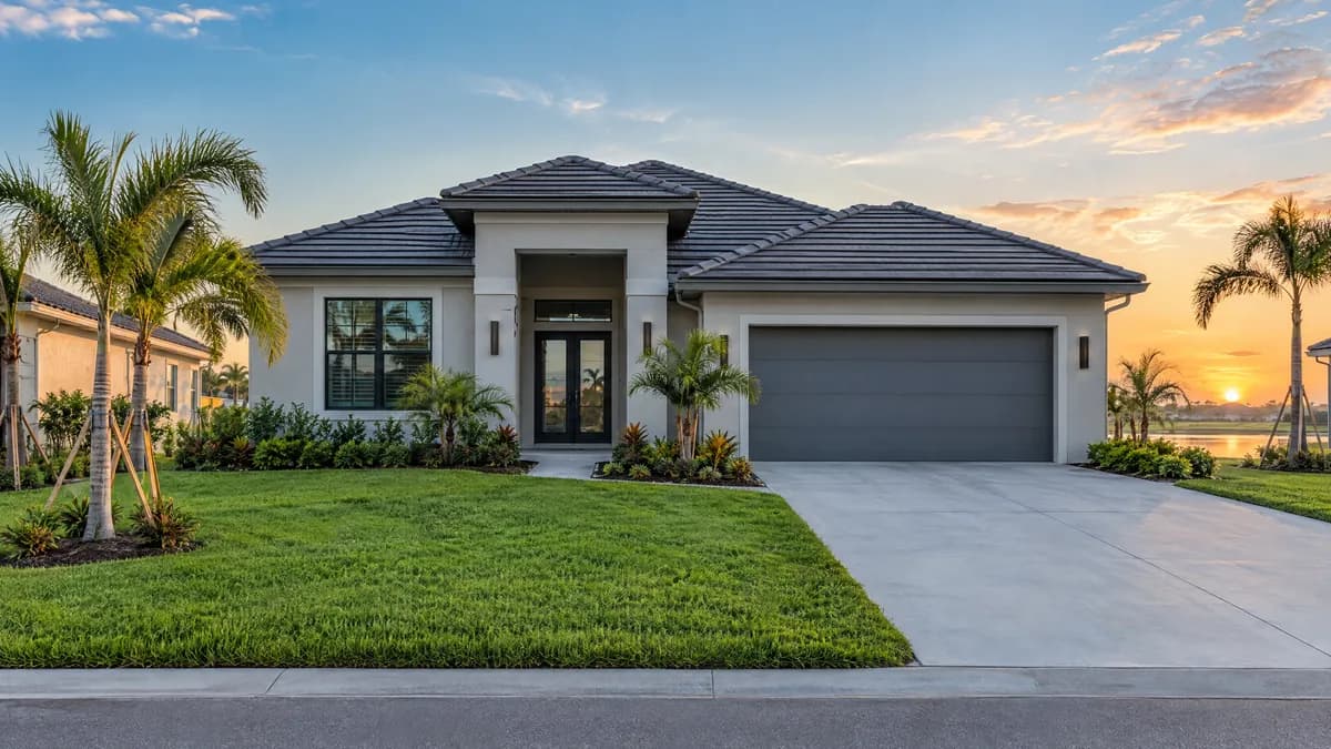 Newly finished Florida home with fresh sod, a new driveway and a gray tile roof