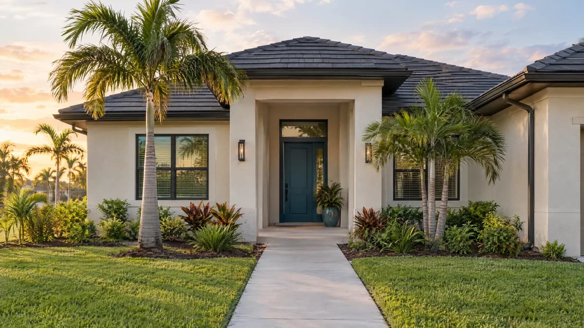 Front of a newly finished single-story Florida home with a teal door, tile roof and young palms