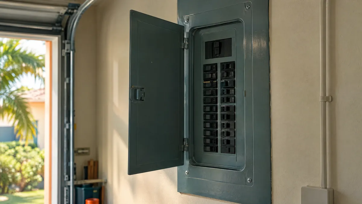 Residential electrical panel with its door open on a Florida garage wall
