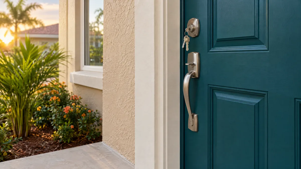 Teal front door of a new Florida home with new keys in the lock