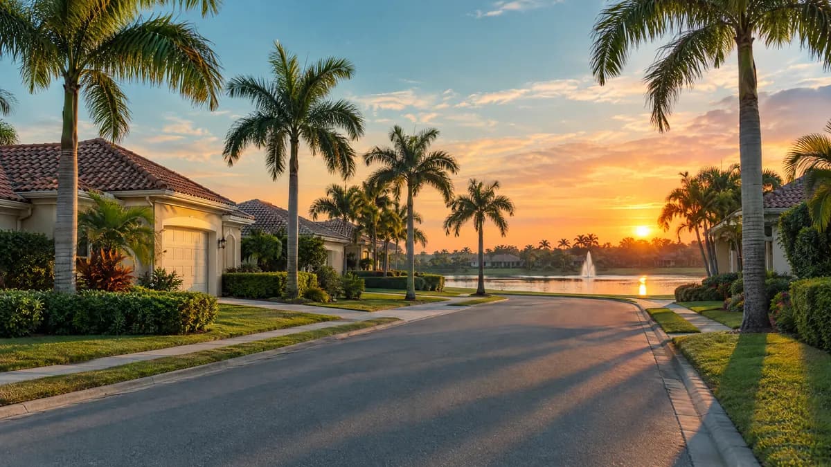 Quiet Southwest Florida street with palm trees and a lake fountain at sunrise