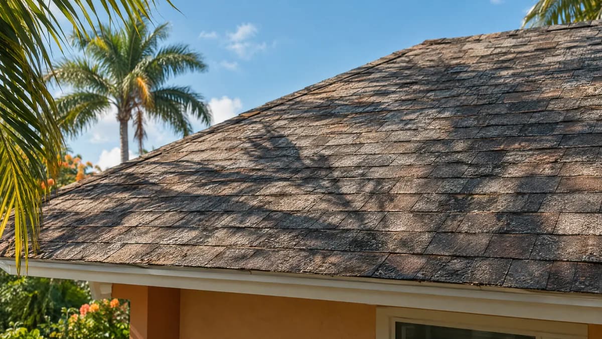 Weathered asphalt shingle roof on a Florida home with palm shadows across it