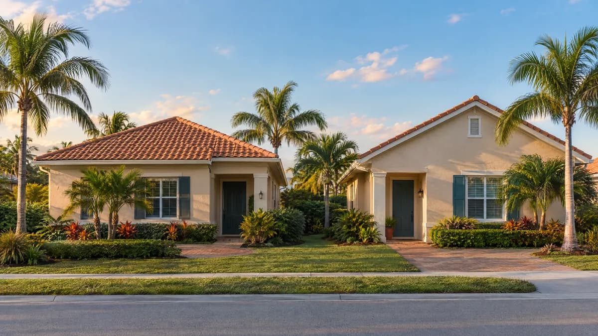 Two neighboring Florida homes, one with a hip roof and one with a gable roof