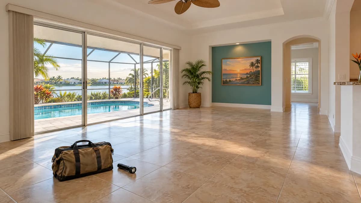 Empty tiled living room of a Florida home with an inspector's tool bag and flashlight near the pool doors