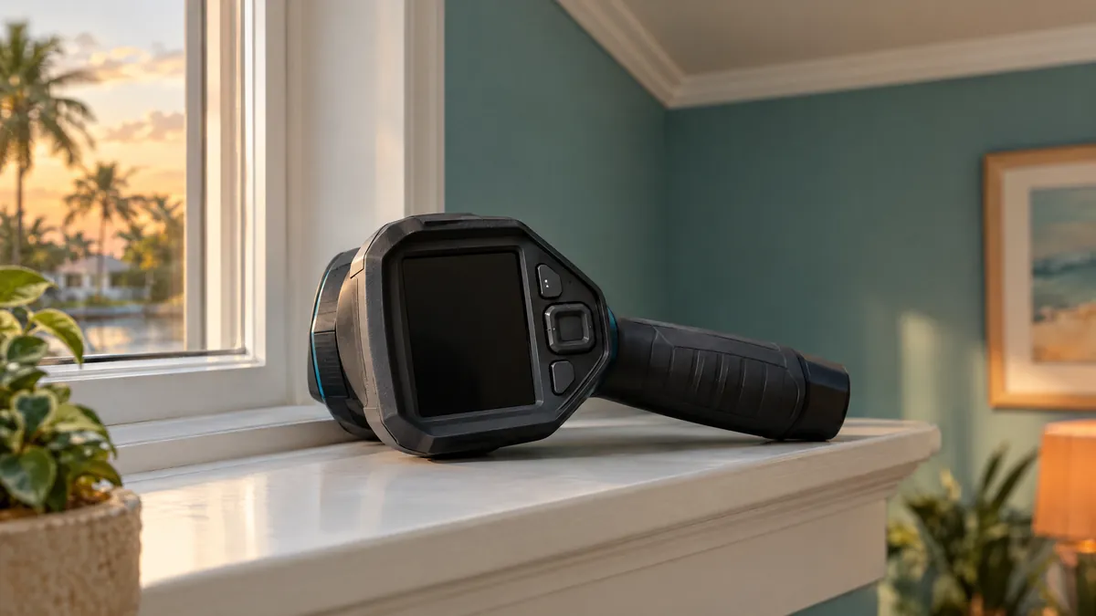 Handheld thermal camera with its screen off resting on a windowsill