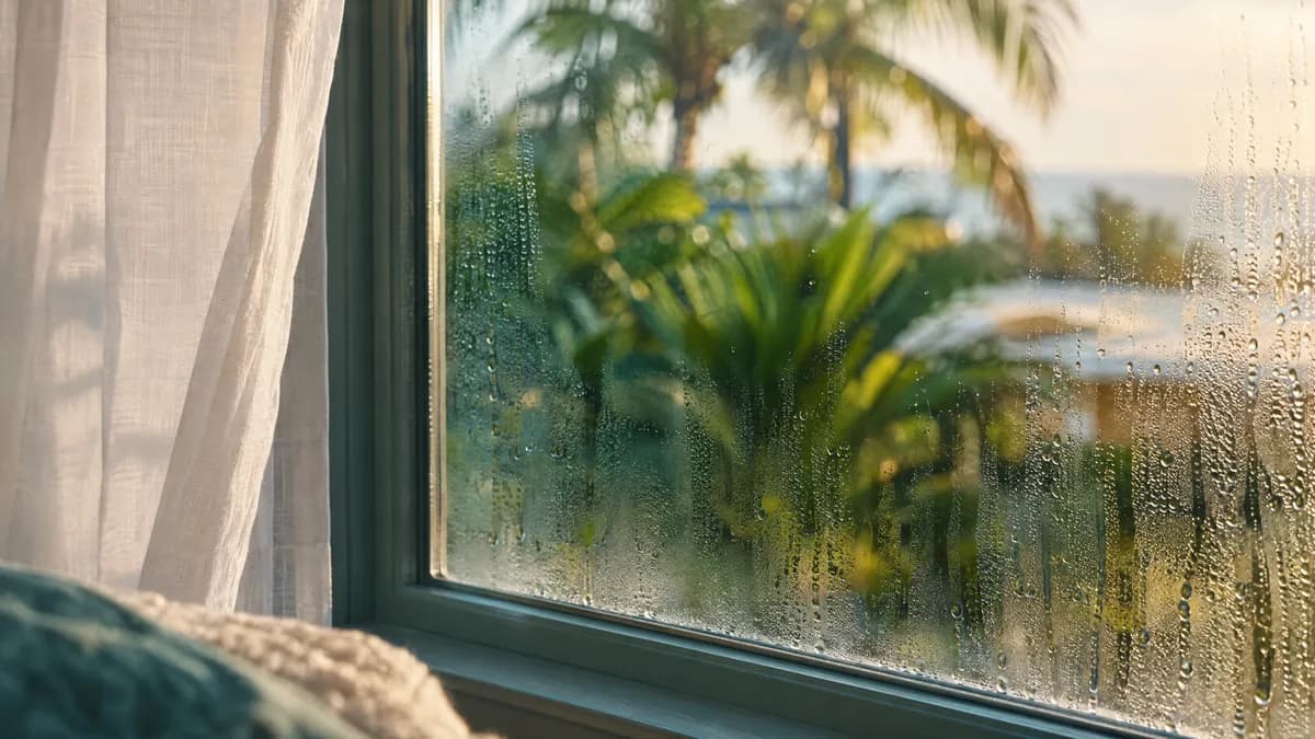 Condensation beading on the inside of a bedroom window in a humid Florida home
