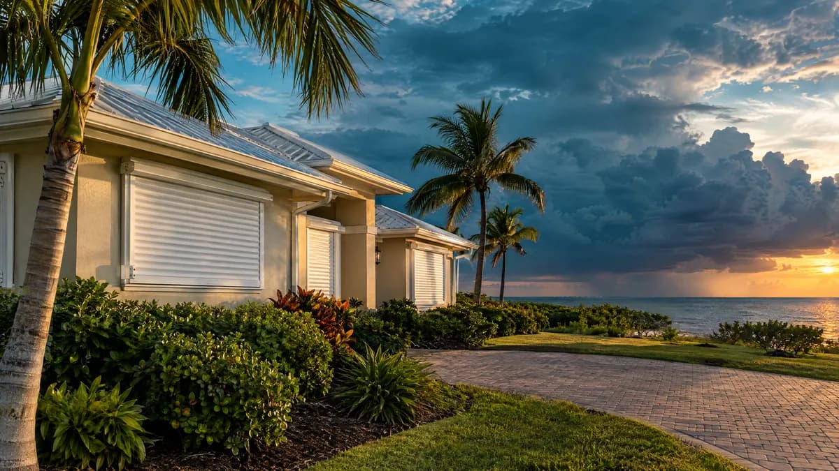 Florida home with roll-down hurricane shutters closed as storm clouds build offshore