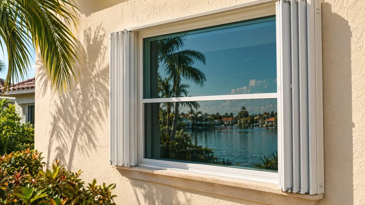 Window on a stucco wall with white accordion hurricane shutters folded open beside it