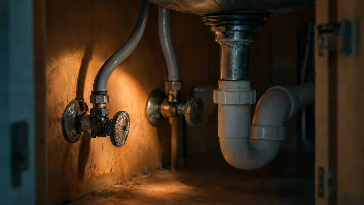Water supply lines, shutoff valves and a drain trap inside an under-sink cabinet