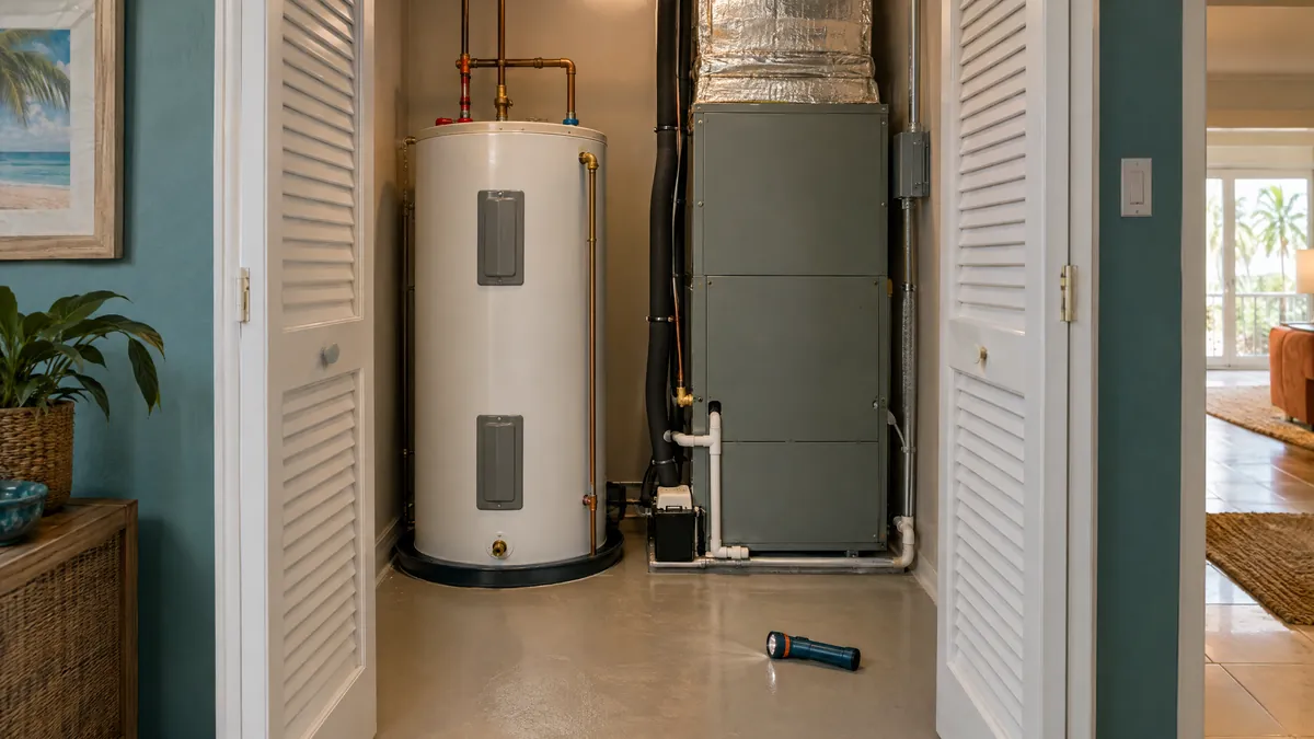 Utility closet with a water heater and an air handler and a clear floor in front of them