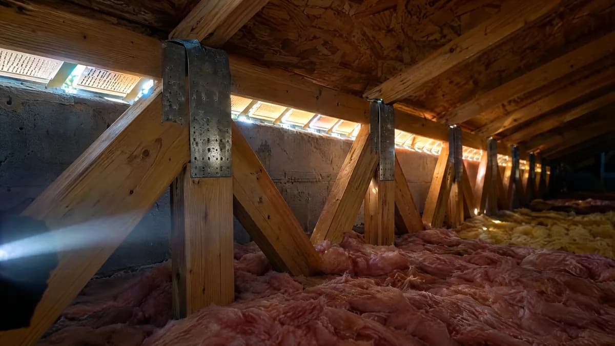 Attic view of wood roof trusses fastened with metal straps above pink insulation