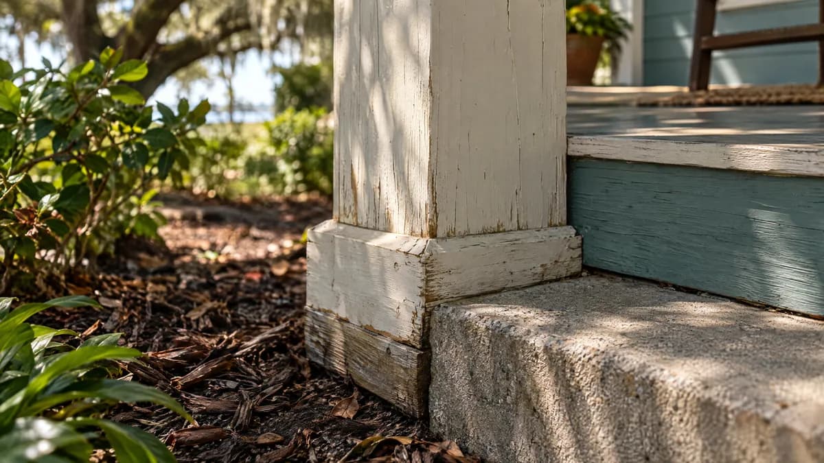 Base of a weathered wooden porch post beside a concrete step and garden mulch
