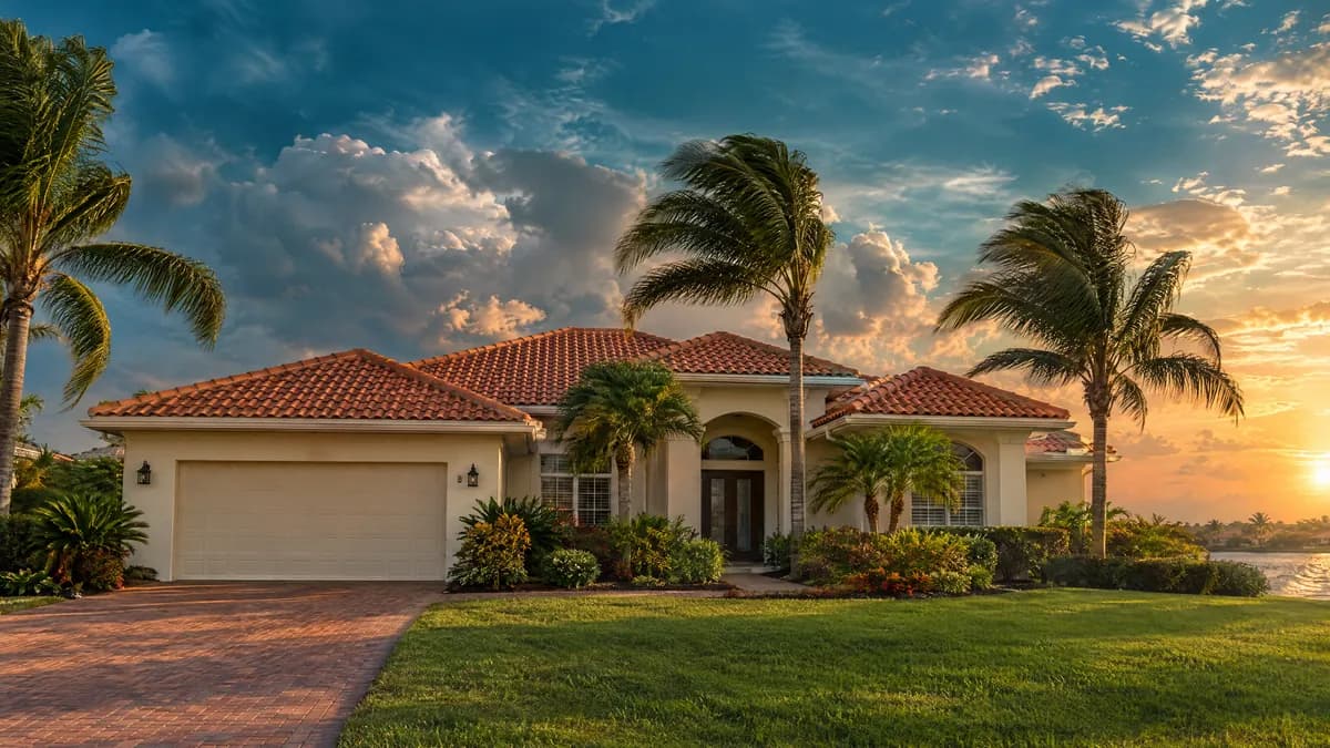 Single-story Florida home with a terracotta hip tile roof and palm trees under clearing storm clouds